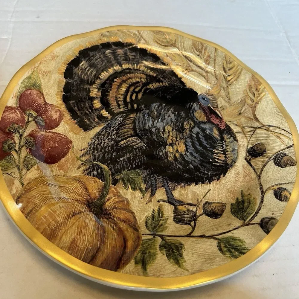 Pottery Barn Fresco Turkey Plates Set Of 4 Salad Plates 9” Turkey Thanksgiving